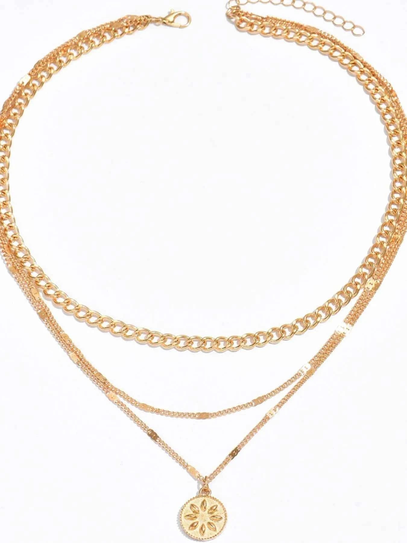 18K Gold-Plated Layered Necklace with Sun Medallion Pendant