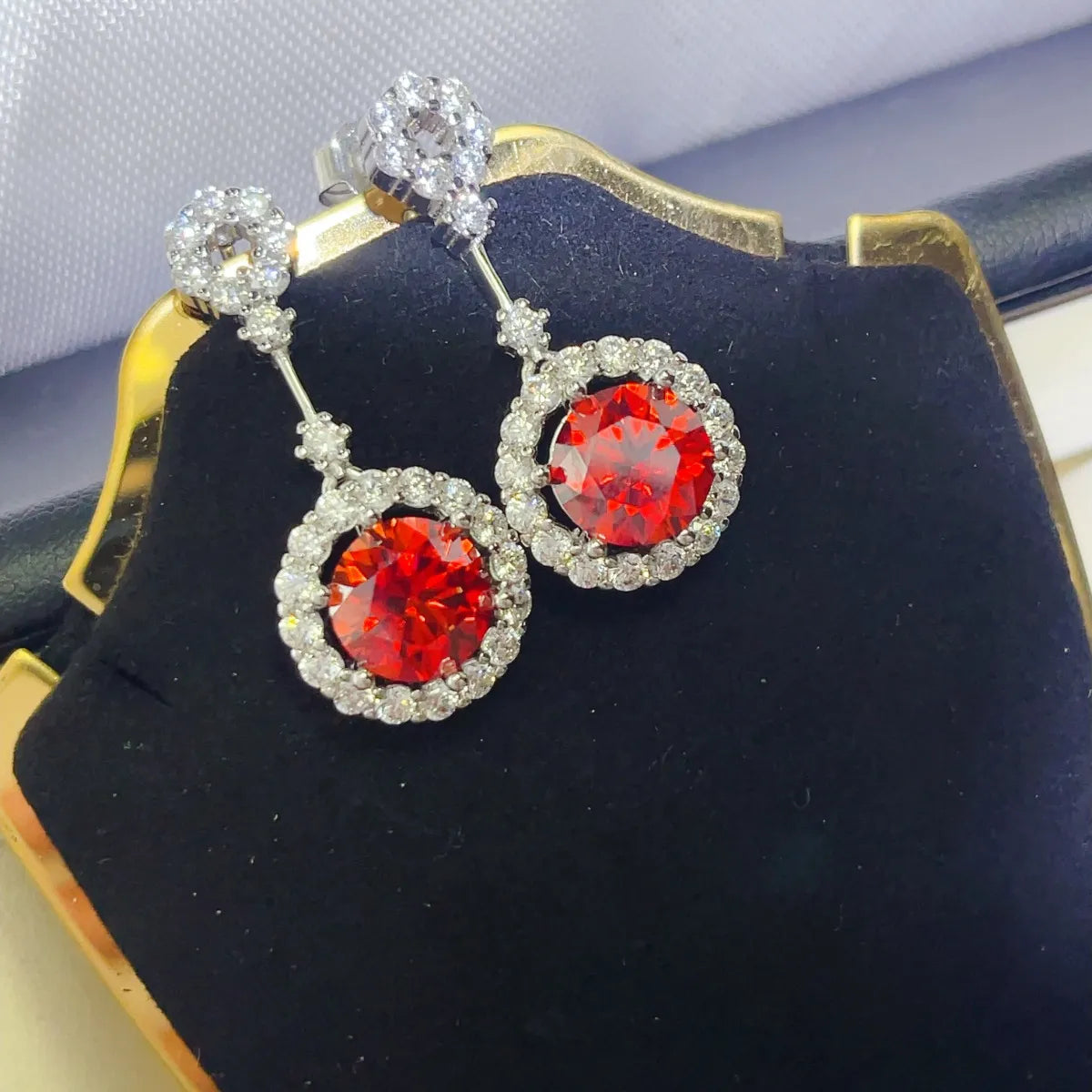4 Carat Ruby Red Crystal Drop Earrings with Rhinestone Halo - Mr. Gem & Company