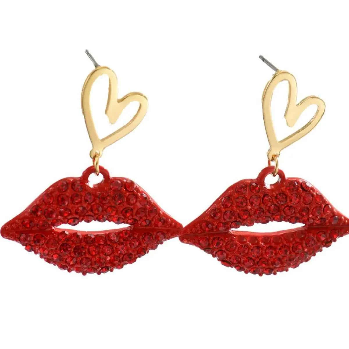 18K Gold-Plated Rhinestone Lips Heart Dangle Earrings
