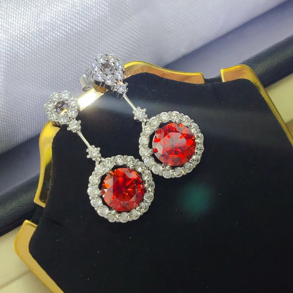 4 Carat Ruby Red Crystal Drop Earrings with Rhinestone Halo - Mr. Gem & Company