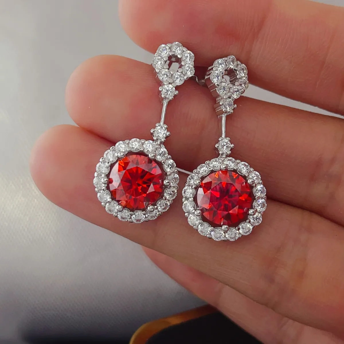 4 Carat Ruby Red Crystal Drop Earrings with Rhinestone Halo - Mr. Gem & Company