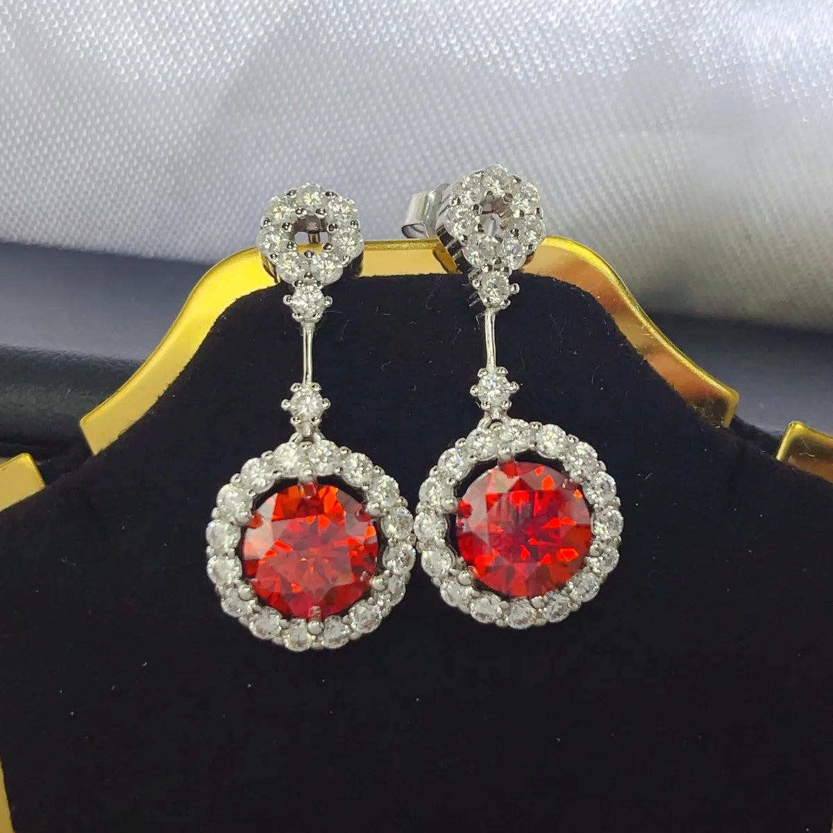 4 Carat Ruby Red Crystal Drop Earrings with Rhinestone Halo - Mr. Gem & Company