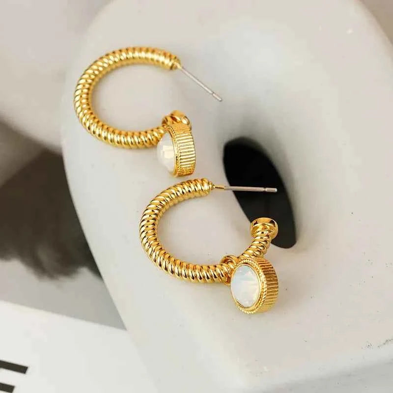 Rope Cat's Eye Stone C-Hoop Earrings