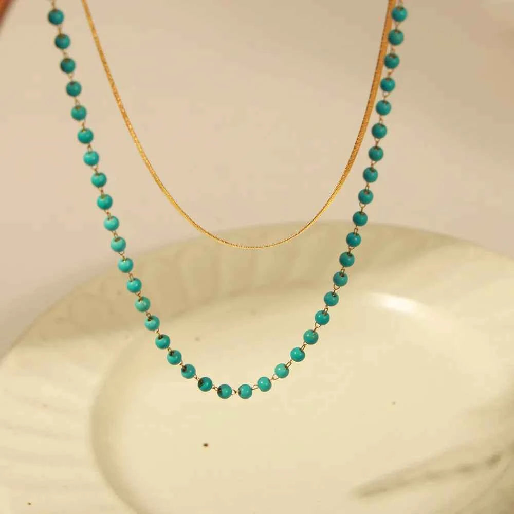 Turquoise Titanium Steel Double-Layered Necklace