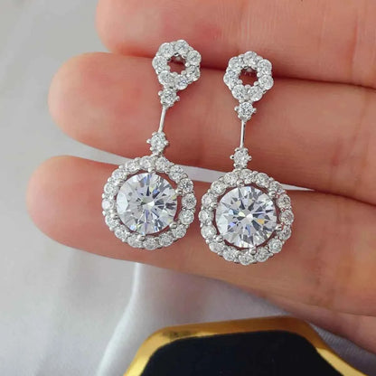 4 Carat Crystal Drop Dangle Earrings with Round Halo Design