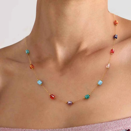 18K Gold-Plated Colorful Glass Bead Necklace