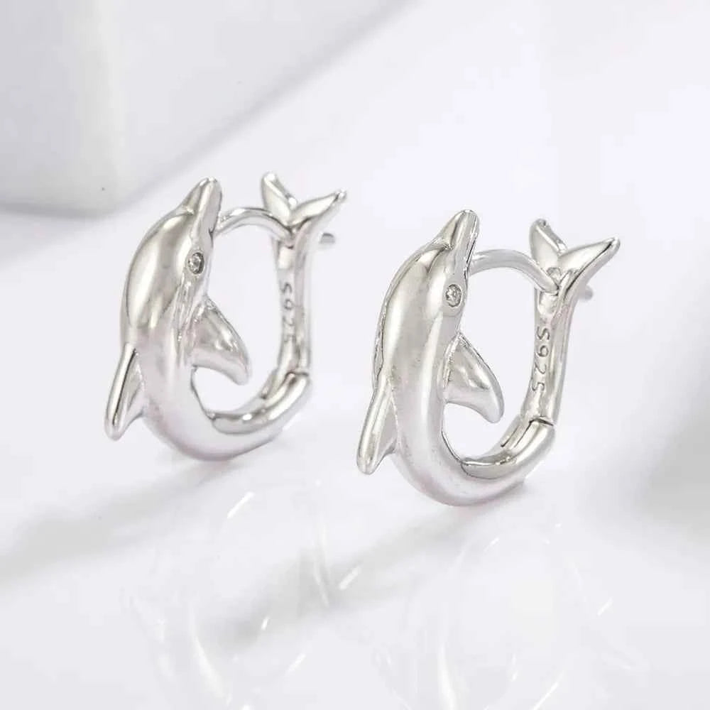 925 Sterling Silver Zircon Dolphin Earrings