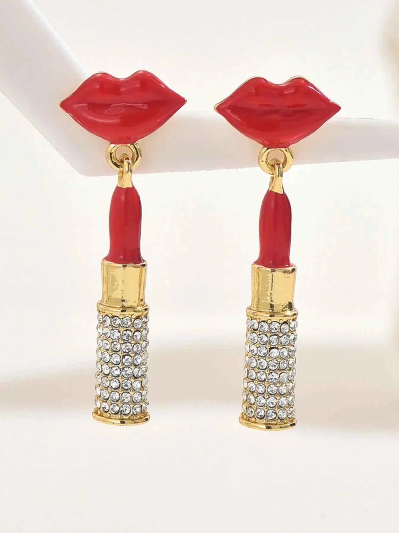 Stainless Steel Resin Lips Lipstick Rhinestone Earrings