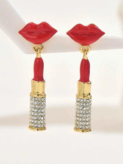Stainless Steel Resin Lips Lipstick Rhinestone Earrings