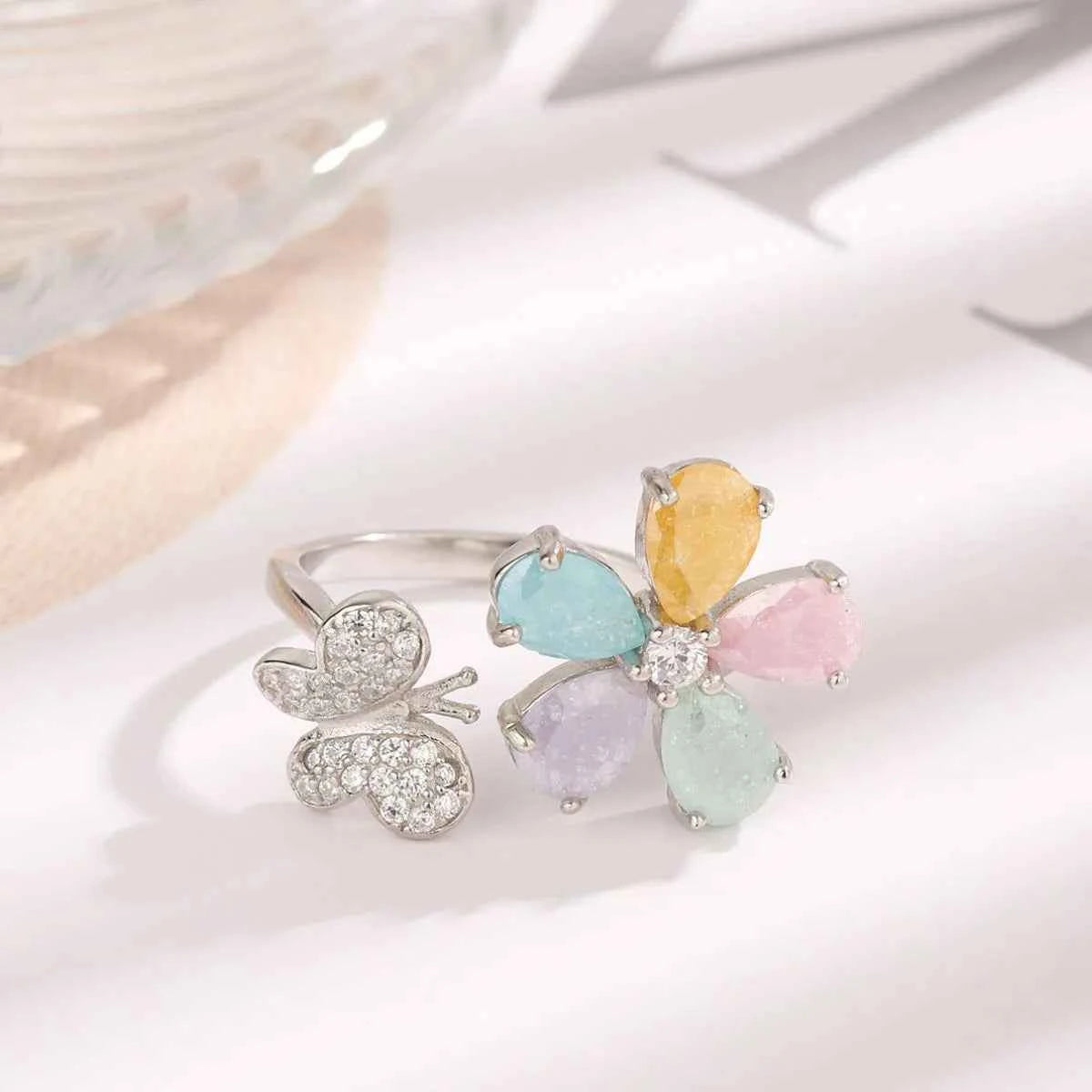 925 Sterling Silver Inlaid Zircon Flower & Butterfly Ring