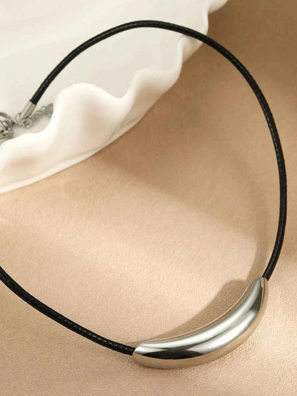 Stainless Steel Curved Bar Necklace with Leather Rope