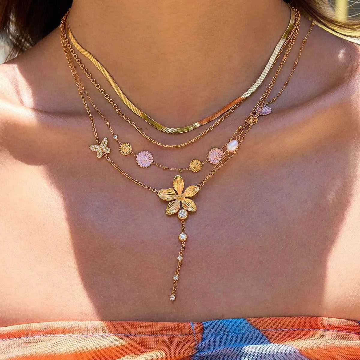 3-Piece 18K Gold-Plated Stainless Steel Flower Necklace