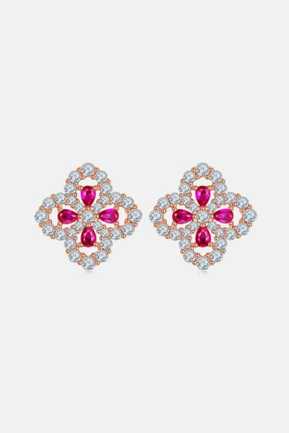 925 Sterling Silver Lab-Grown Ruby Flower Shape Stud Earrings