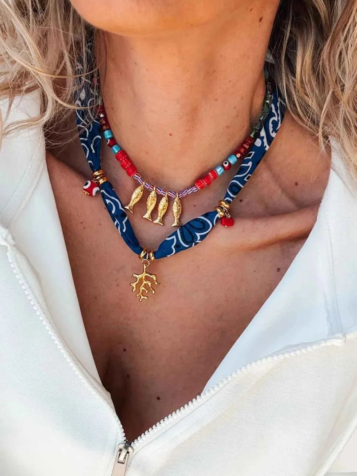 2-Piece Coral and Fish Pendant Necklace