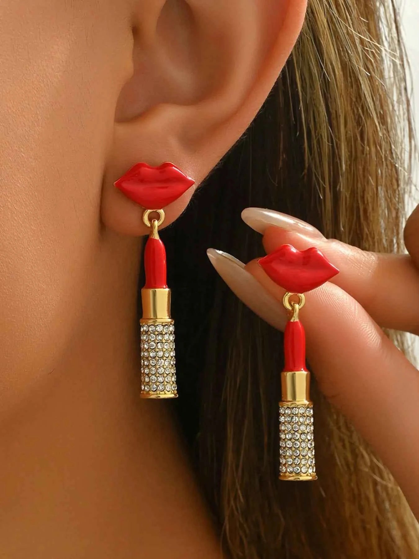 Stainless Steel Resin Lips Lipstick Rhinestone Earrings