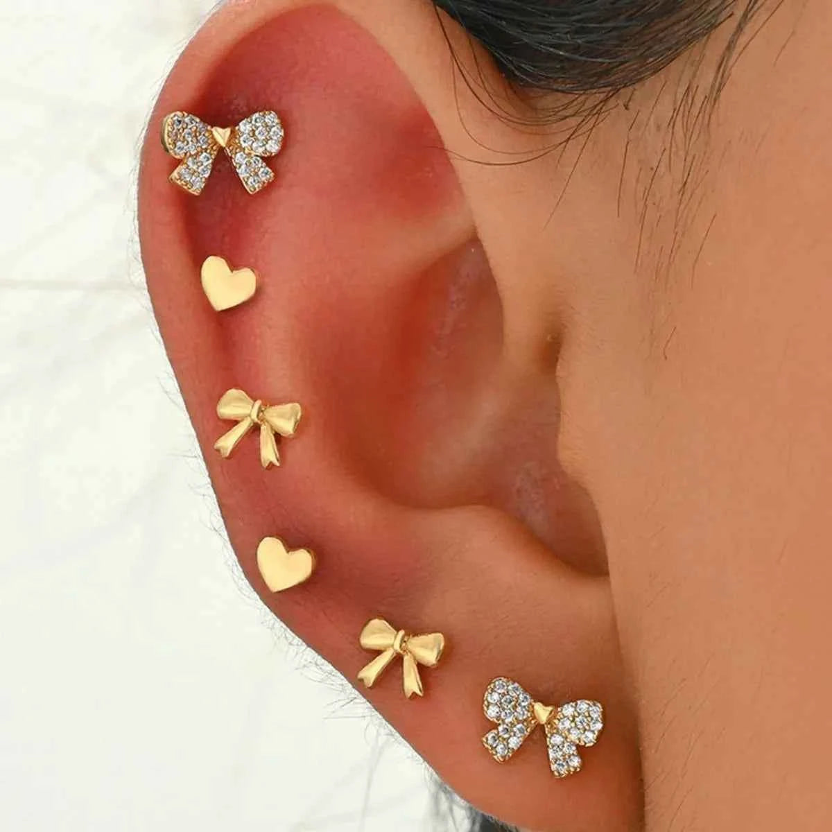 6 Piece Bow Heart Stud Earrings Set
