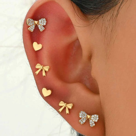 6 Piece Bow Heart Stud Earrings Set