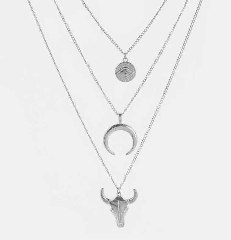 Alloy Three-Layered Bull Head Pendant Necklace