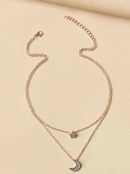 Double Layered Star and Moon Pendant Necklace
