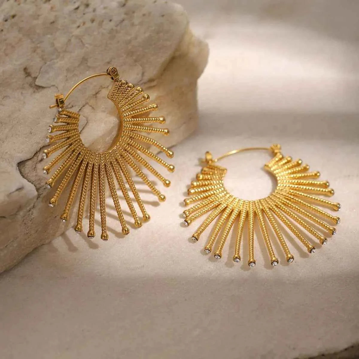 Golden Sunburst Fan Hoop Earrings