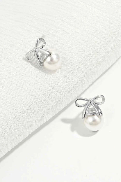925 Sterling Silver Pearl Bow Earrings
