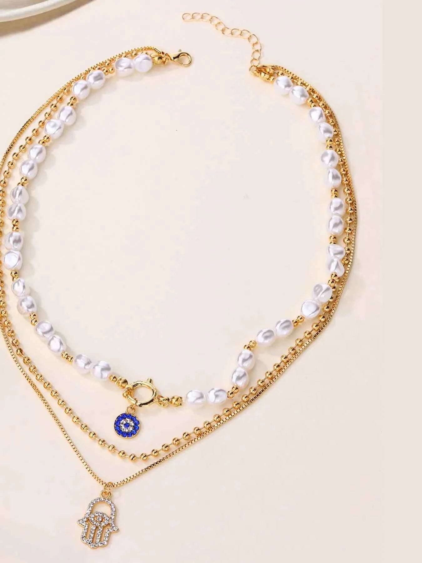 Layered Pearl Chain Evil Eye Hamsa Pendant Necklace