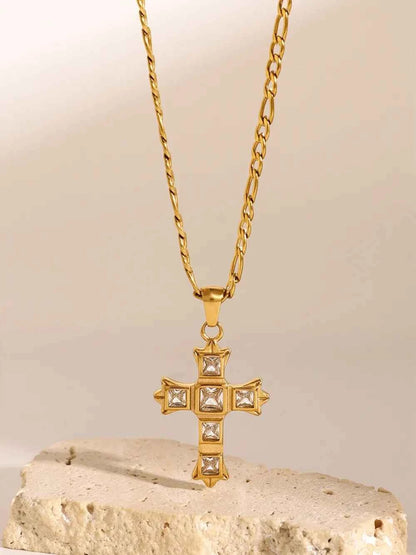 Stainless Steel Zircon Cross Pendant Necklace