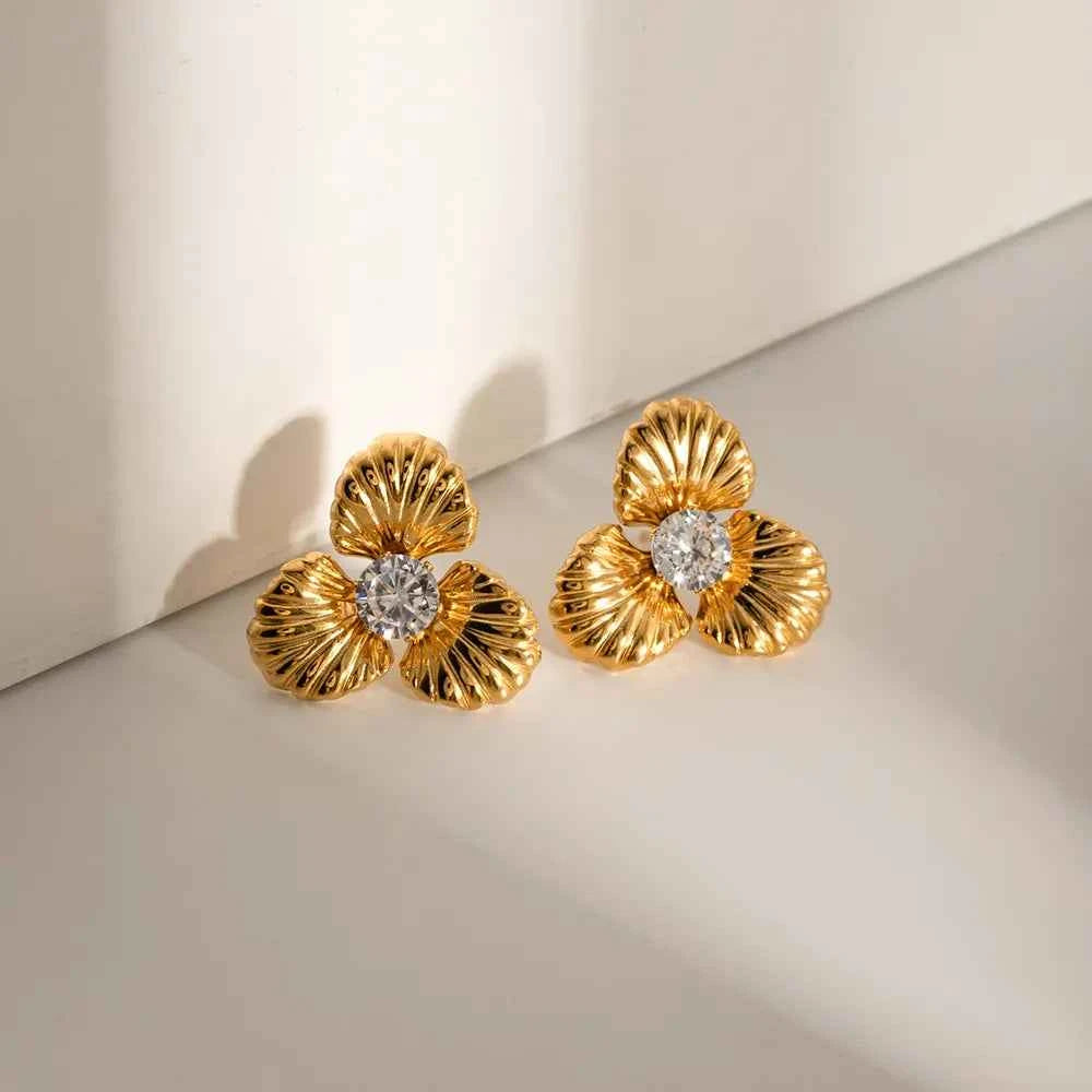 Stainless Steel Zircon Flower Shape Earrings