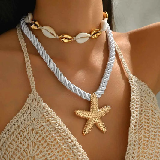 2-Piece Beaded Shell Starfish Rope Necklace
