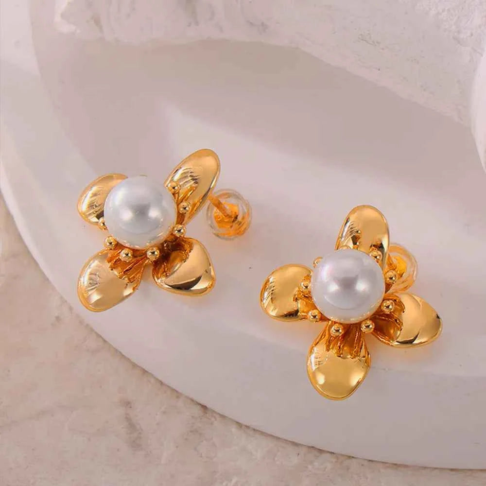 Synthetic Pearl Titanium Steel Flower Earrings