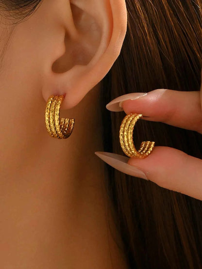 18K Gold-Plated Textured Triple Band Hoop Earrings