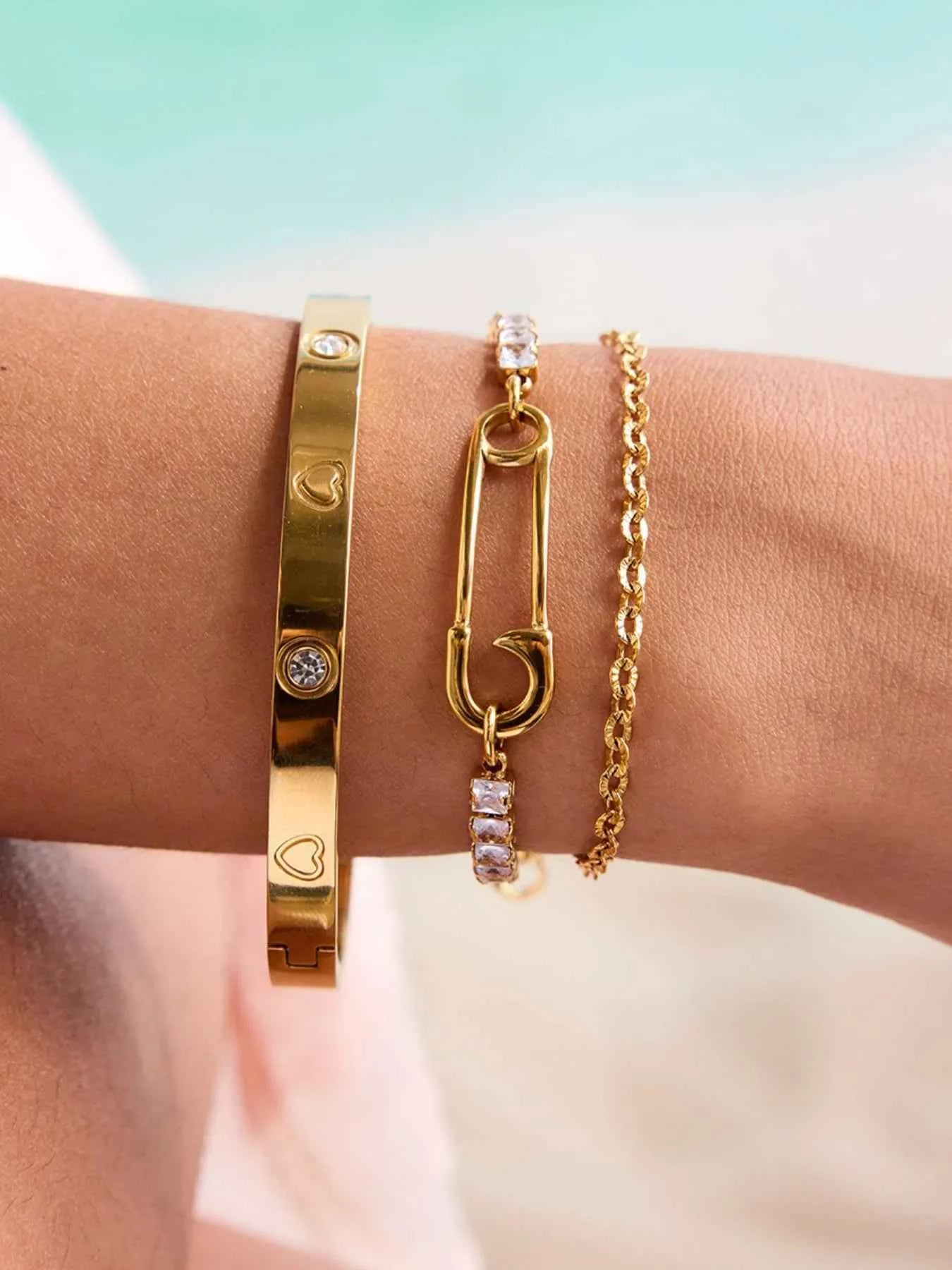 2-Piece 18K Gold-Plated Inlaid Zircon Bracelet