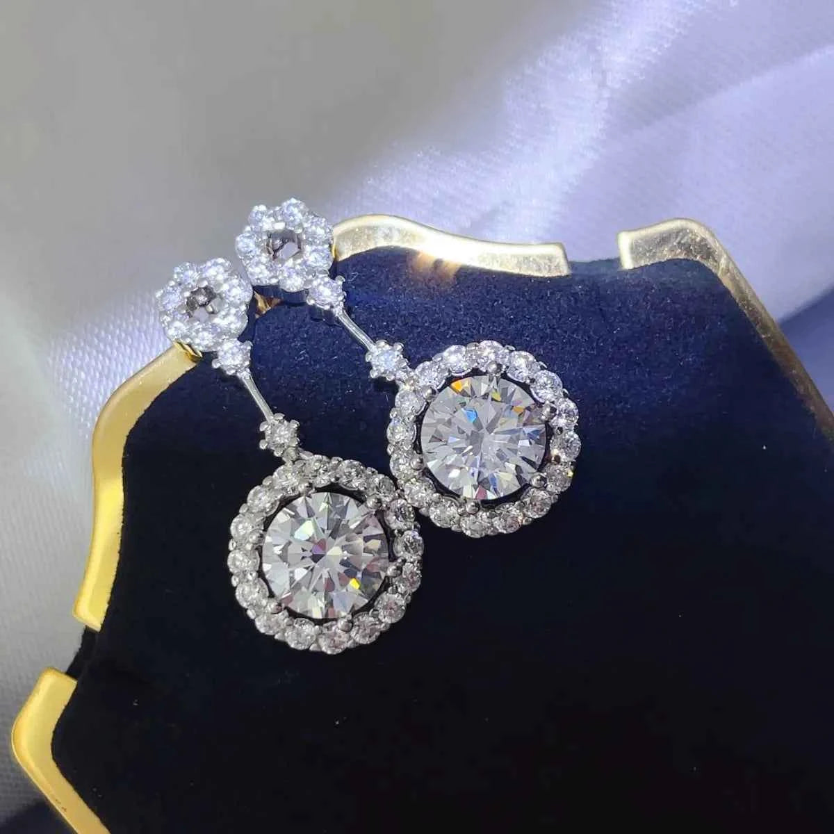 4 Carat Crystal Drop Dangle Earrings with Round Halo Design