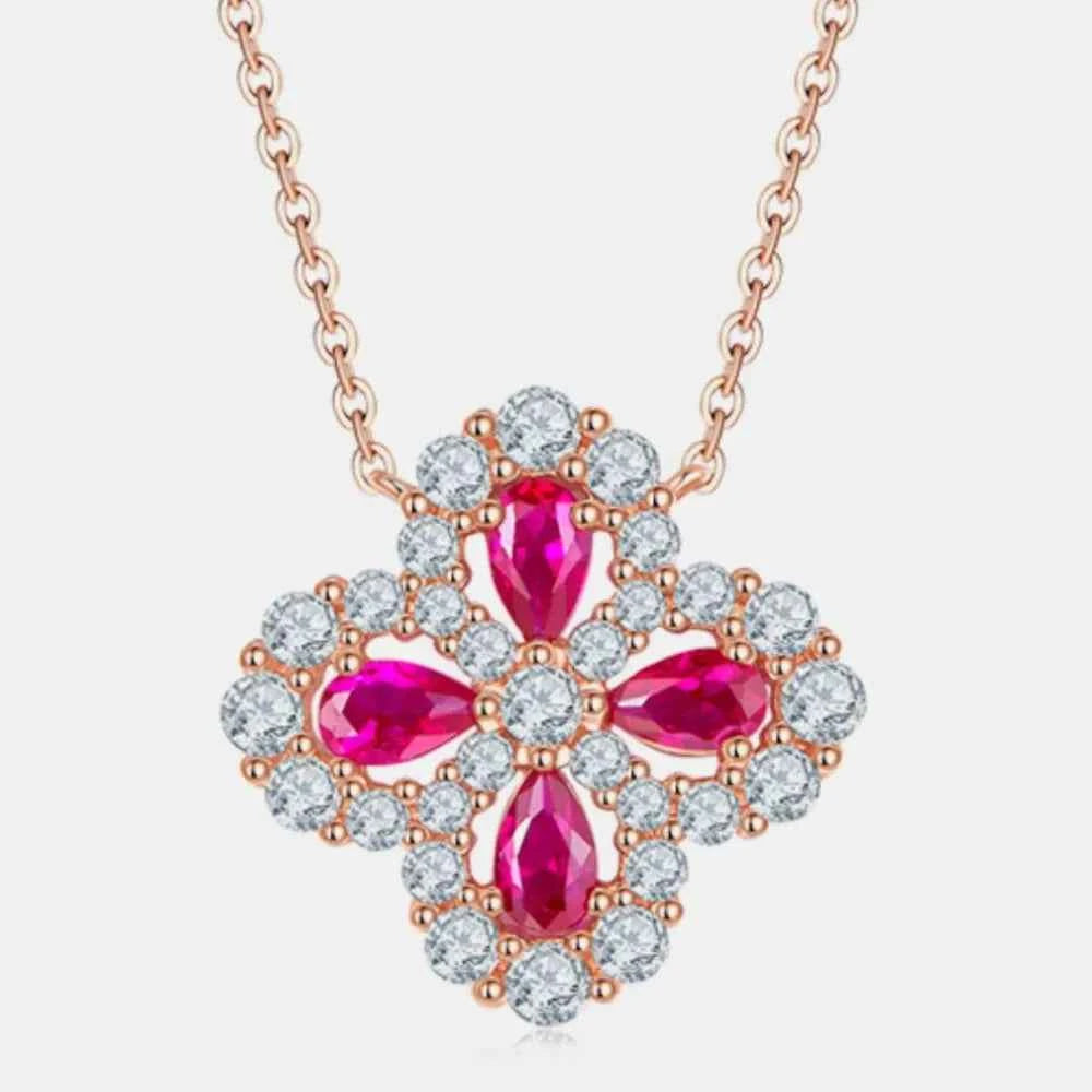 925 Sterling Silver Lab-Grown Ruby Flower Shape Necklace