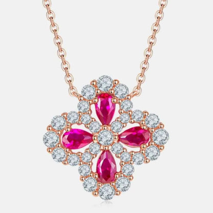 925 Sterling Silver Lab-Grown Ruby Flower Shape Necklace