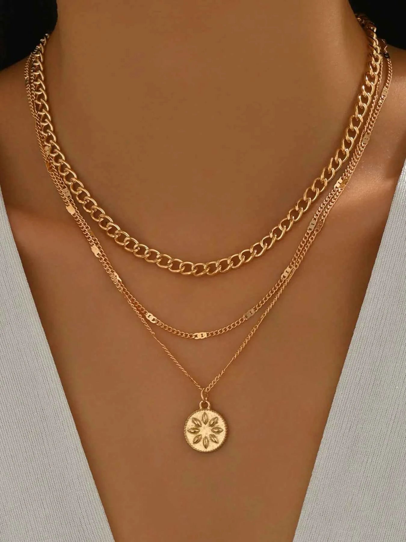 18K Gold-Plated Layered Necklace with Sun Medallion Pendant
