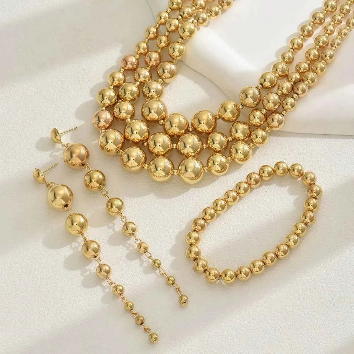 18K Stainless Steel Beaded Multi-Layered Necklace Bracelet Earrings Jewelry Set