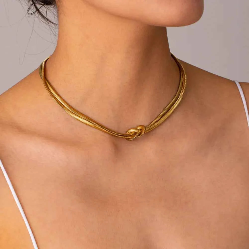 Double Layered Knot Herringbone Choker Necklace