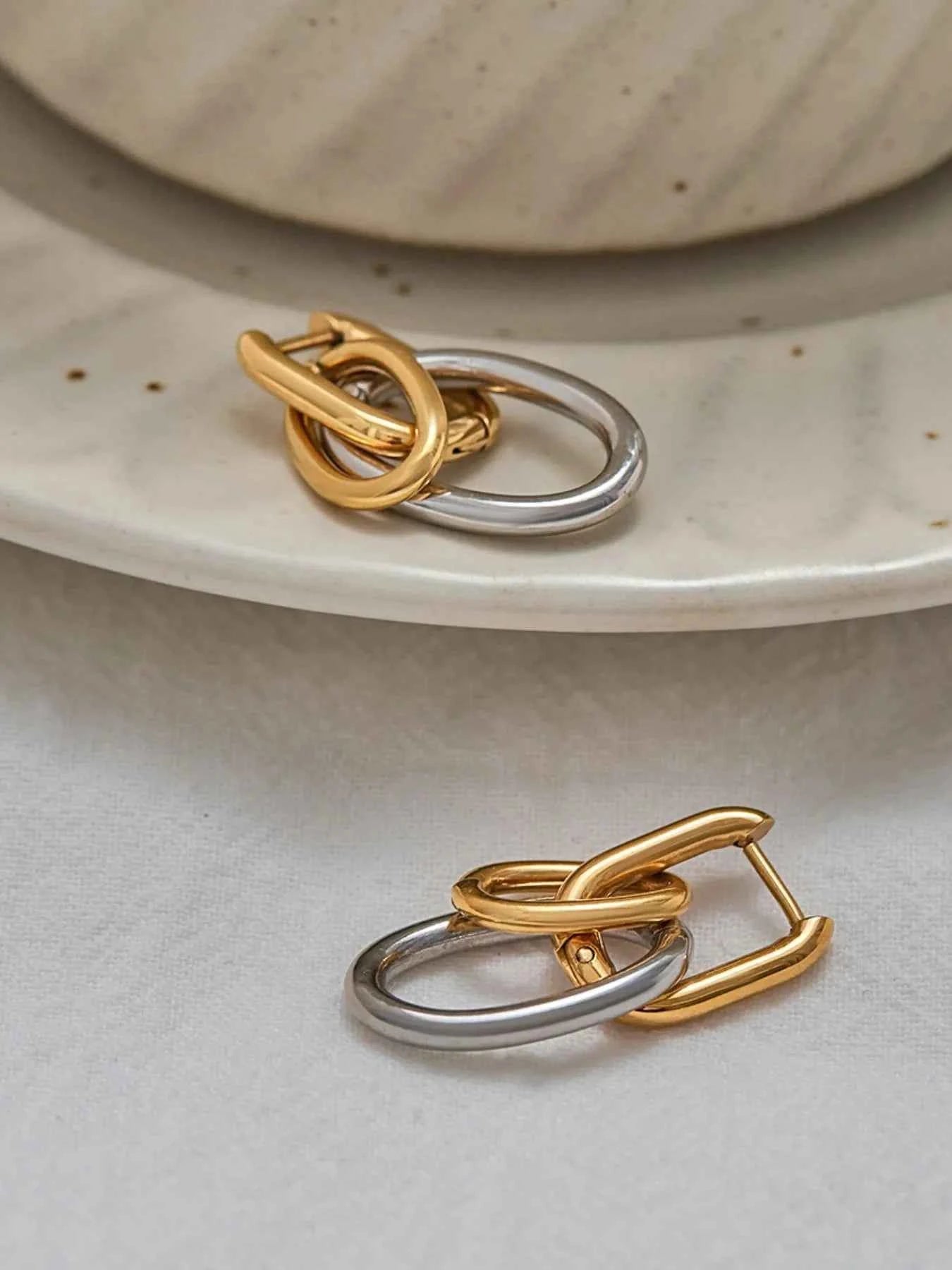 Stainless Steel Two-Tone Interlocked Hoop Earrings