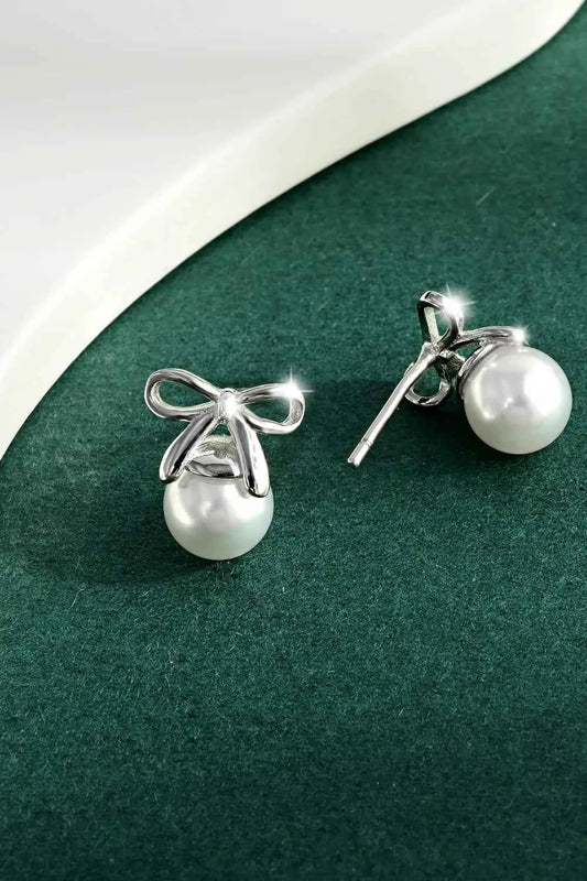 925 Sterling Silver Pearl Bow Earrings