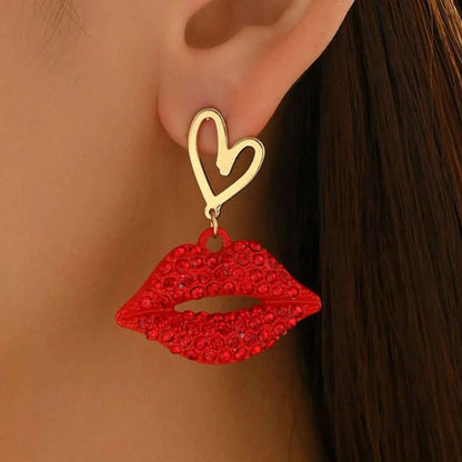 18K Gold-Plated Rhinestone Lips Heart Dangle Earrings