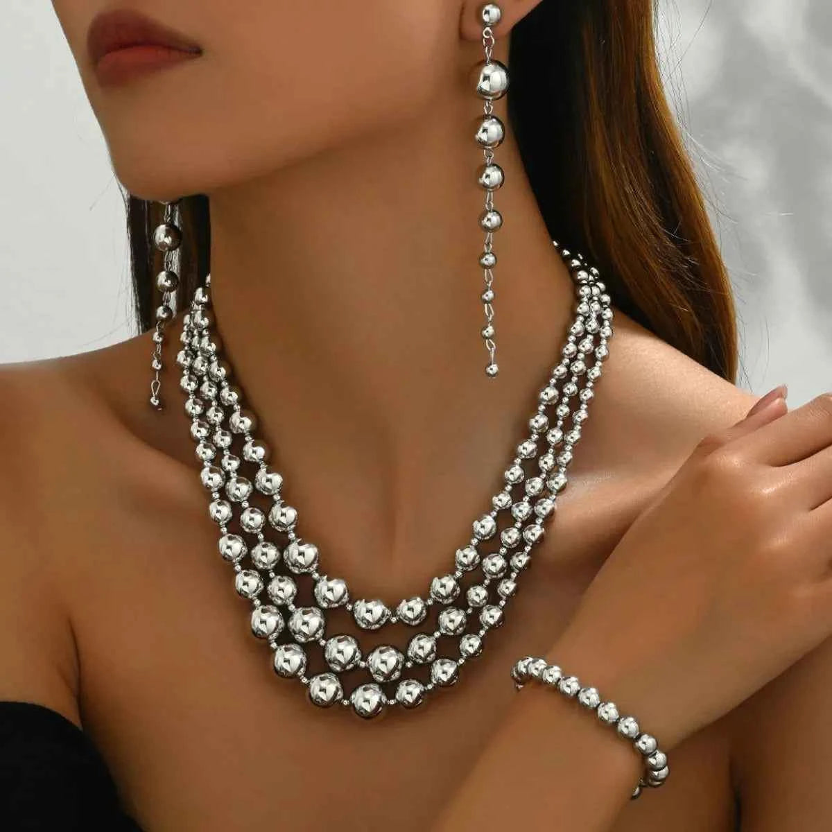 18K Stainless Steel Beaded Multi-Layered Necklace Bracelet Earrings Jewelry Set