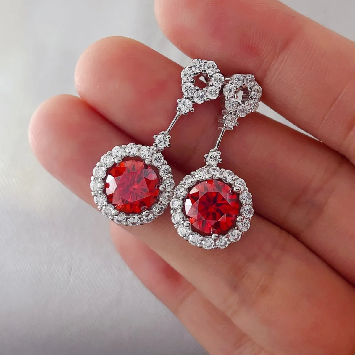 4 Carat Ruby Red Crystal Drop Earrings with Rhinestone Halo - Mr. Gem & Company