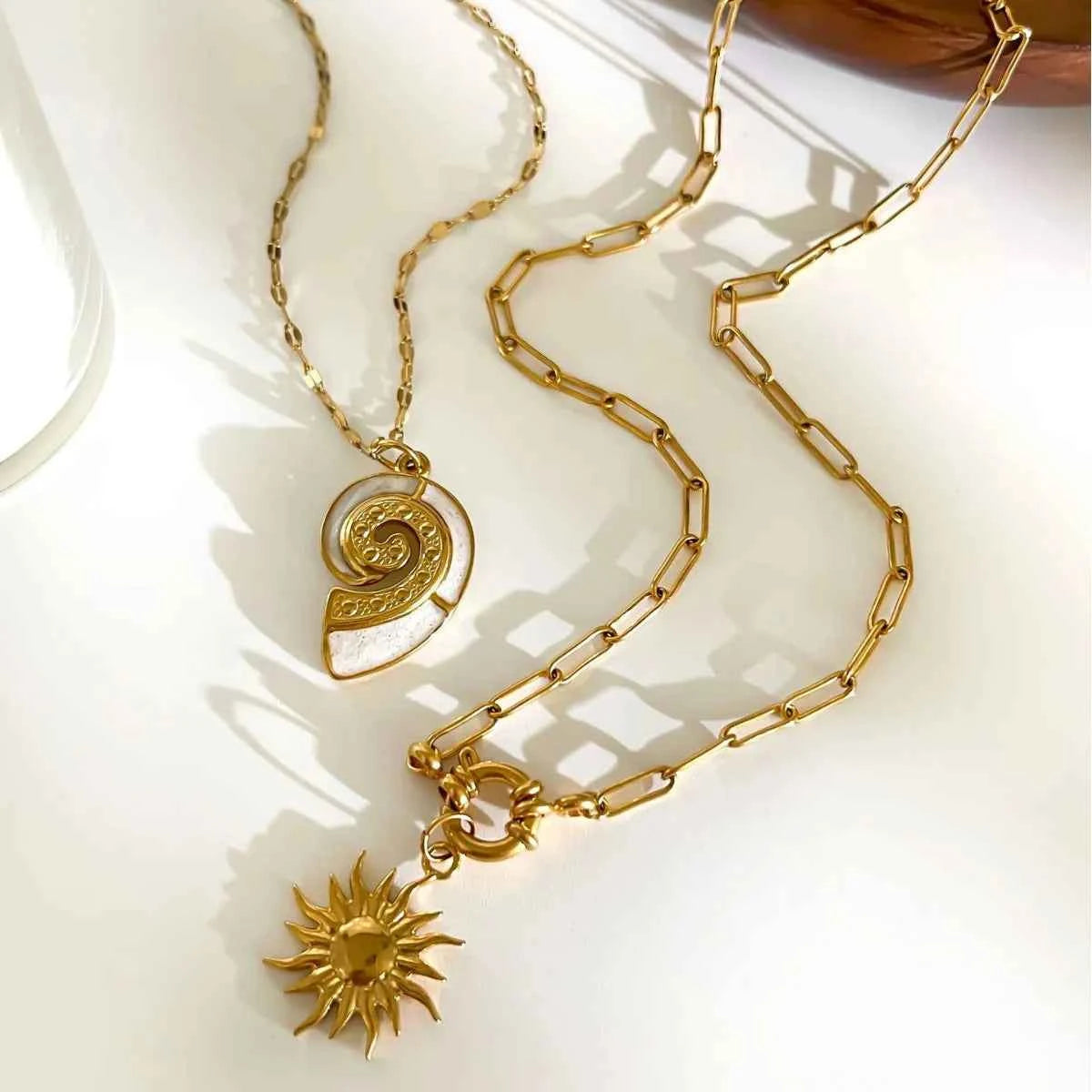2-Piece 18K Gold-Plated Sun & Wave Pendant Necklace