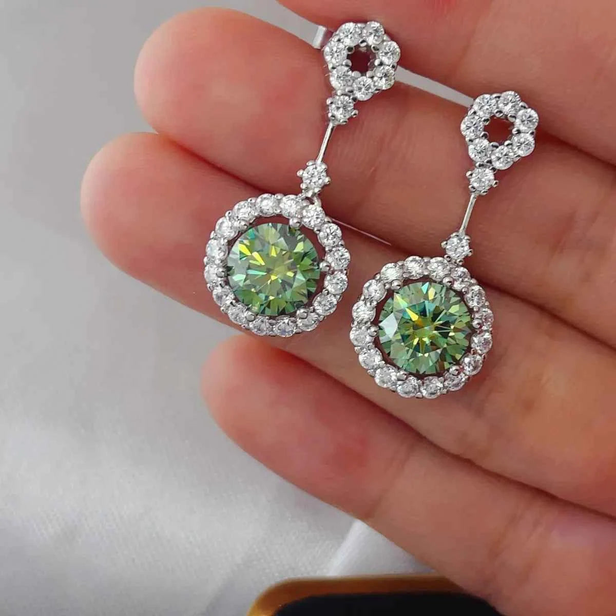 4 Carat Crystal Drop Dangle Earrings with Round Halo Design