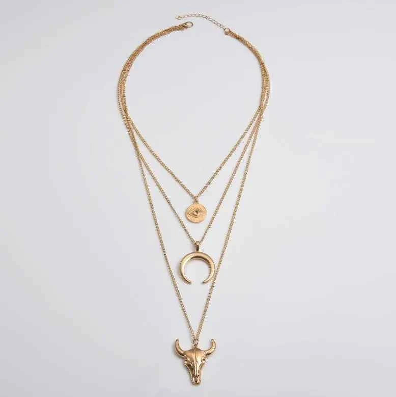 Alloy Three-Layered Bull Head Pendant Necklace