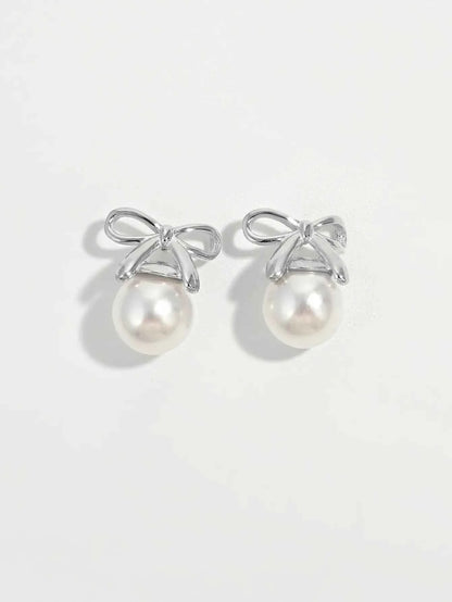 925 Sterling Silver Pearl Bow Earrings