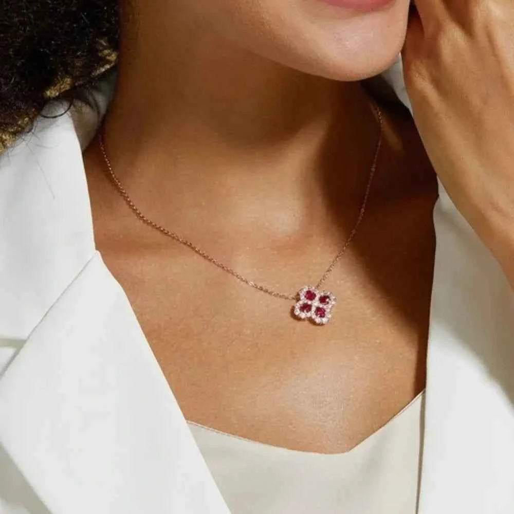 925 Sterling Silver Lab-Grown Ruby Flower Shape Necklace