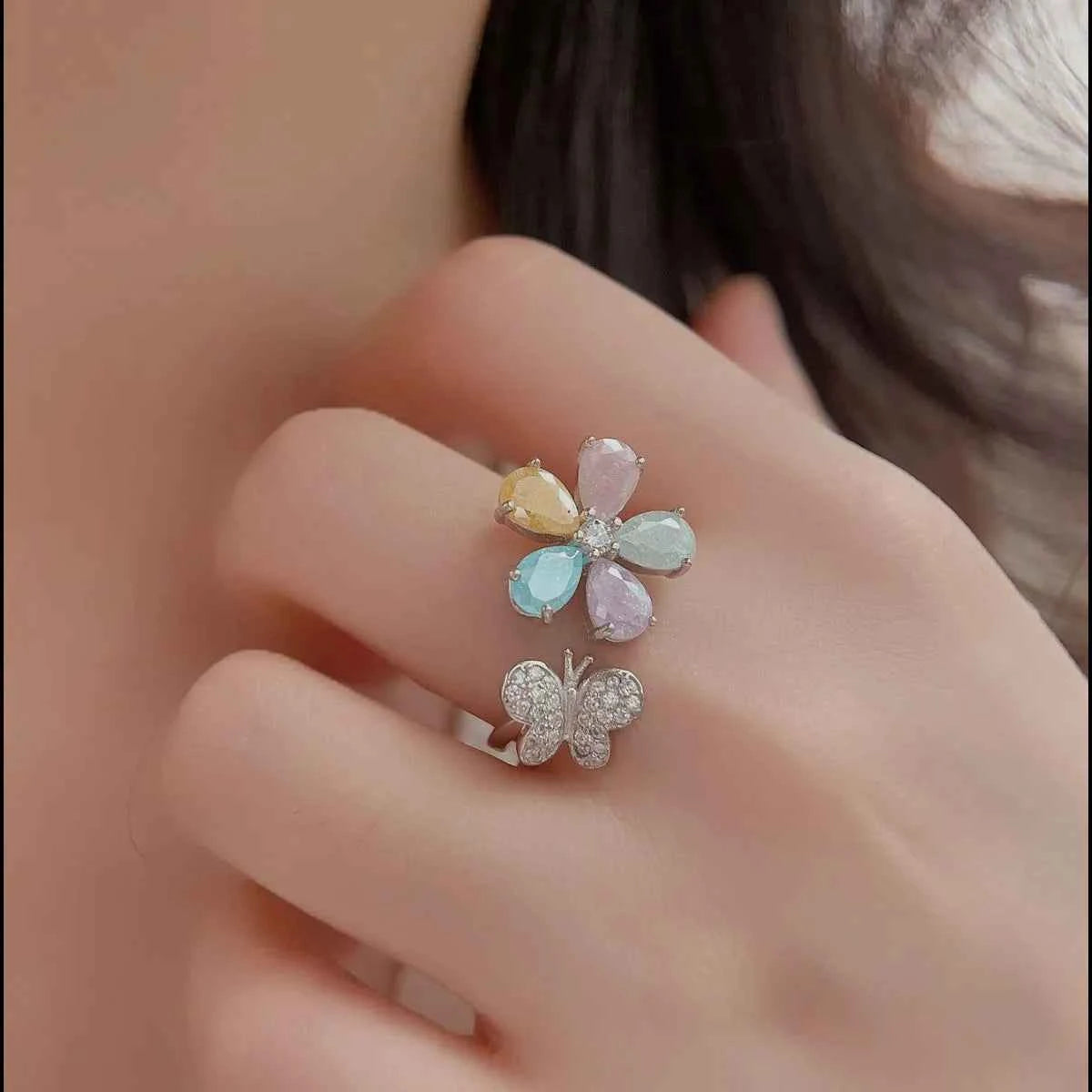925 Sterling Silver Inlaid Zircon Flower & Butterfly Ring