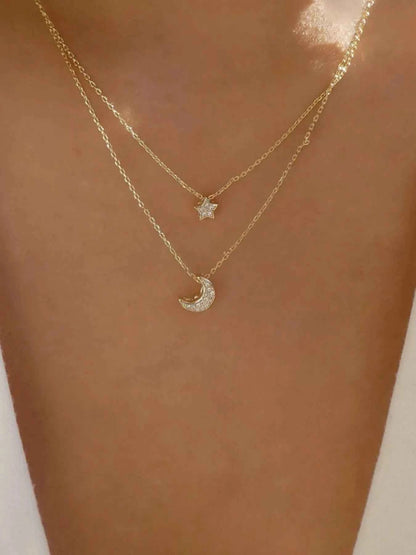 Double Layered Star and Moon Pendant Necklace